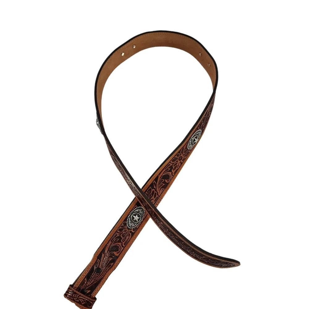 JUSTIN TOP GRAIN LEATHER STAR MEDALLIONS TOOLED BELT
